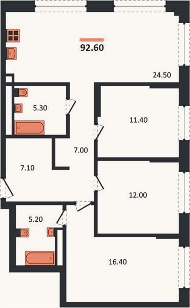 Планировка: 3-к, 92,6 м²