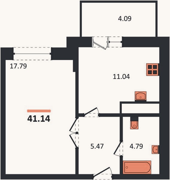 Планировка: 1-к, 41,1 м²