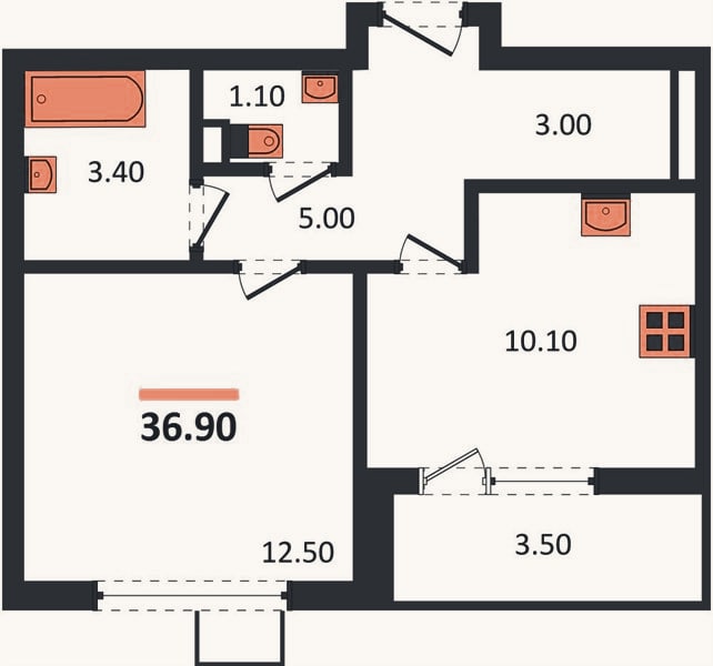 Планировка: 1-к, 36,9 м²
