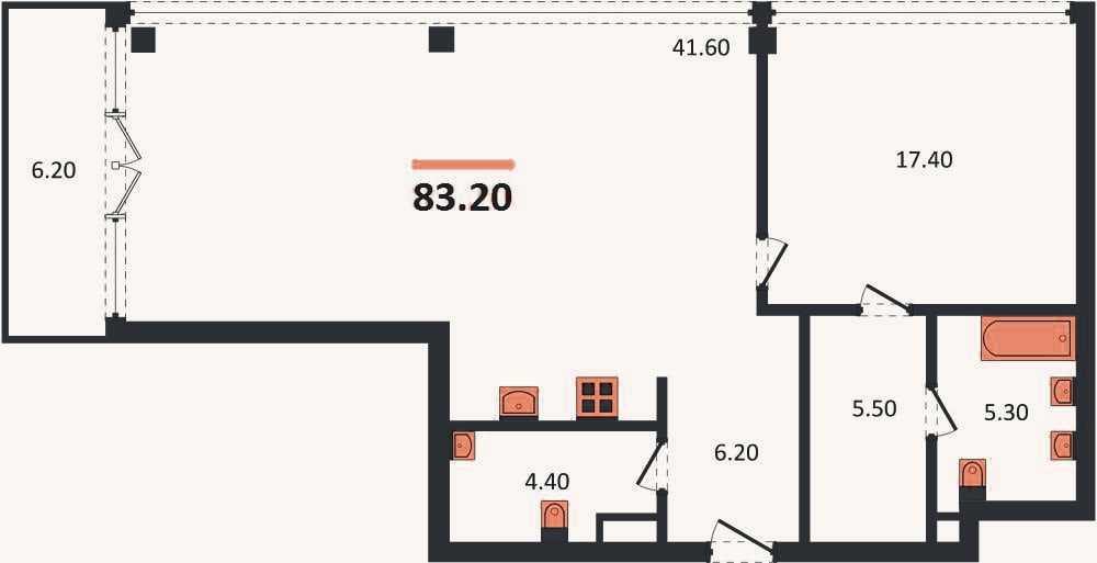Планировка: 1-к, 83,2 м²