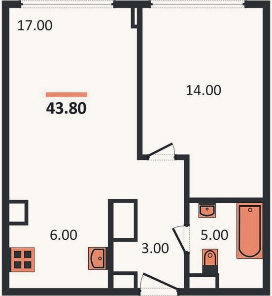 Планировка: 1-к, 43,8 м²