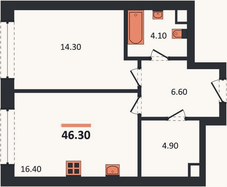 Планировка: 1-к, 46,3 м²