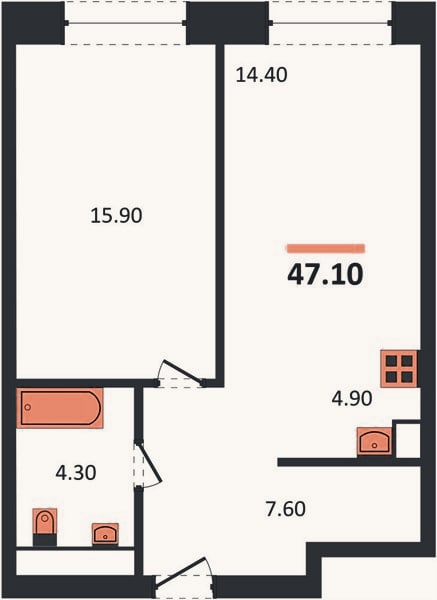 Планировка: 1-к, 47,1 м²