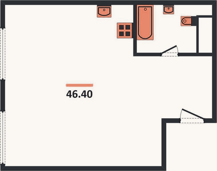 Планировка: 1-к, 46,4 м²