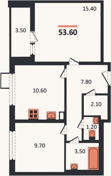 Планировка: 2-к, 53,6 м²