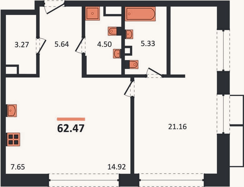 Планировка: 1-к, 62,5 м²