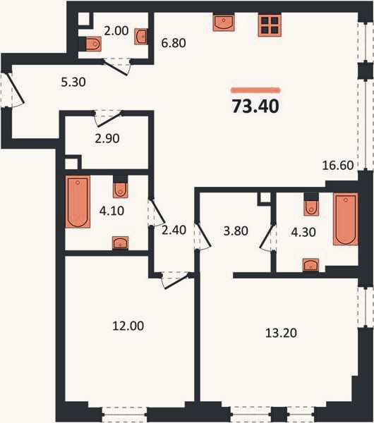 Планировка: 2-к, 73,4 м²