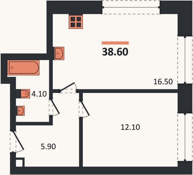 Планировка: 1-к, 38,6 м²