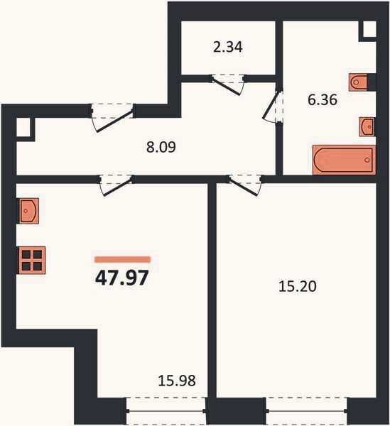 Планировка: 1-к, 48 м²