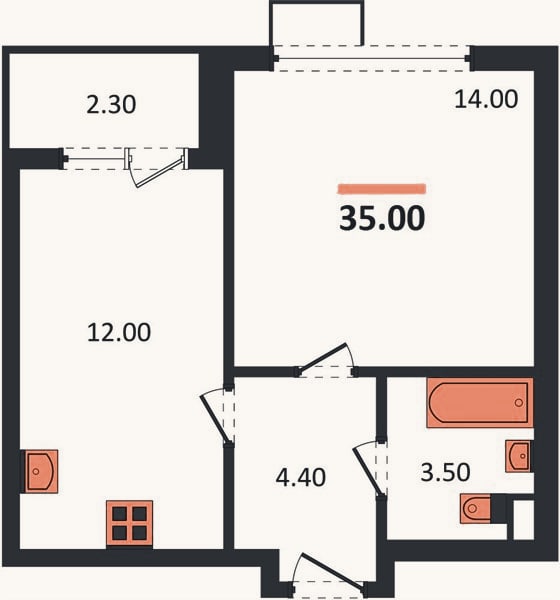 Планировка: 1-к, 35 м²