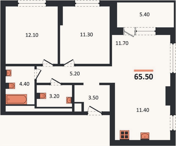 Планировка: 2-к, 65,5 м²