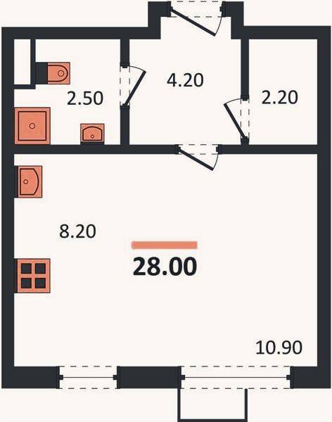 Планировка: Студия, 28 м²