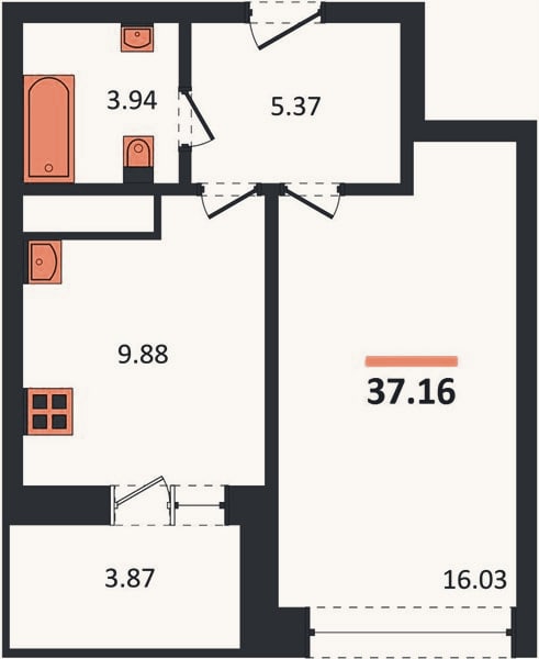 Планировка: 1-к, 37,2 м²