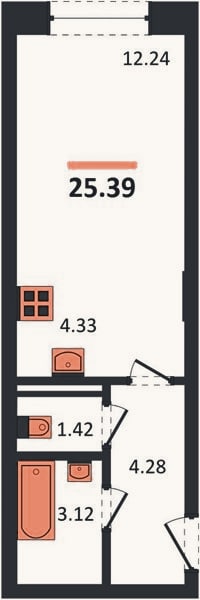 Планировка: Студия, 25,4 м²