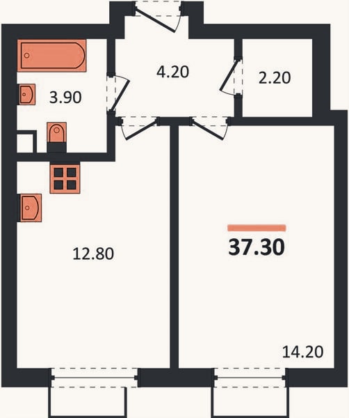 Планировка: 1-к, 37,3 м²