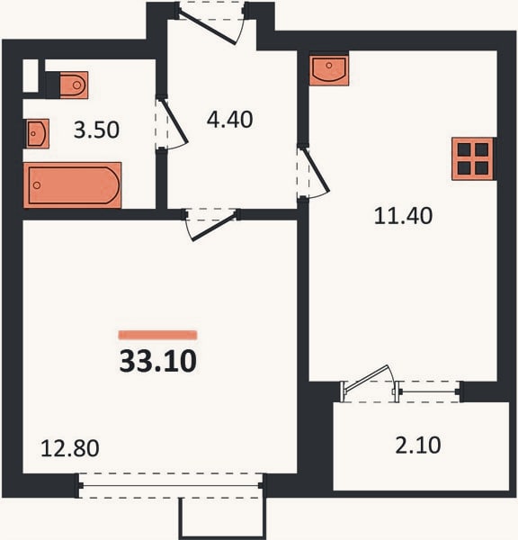 Планировка: 1-к, 33,1 м²