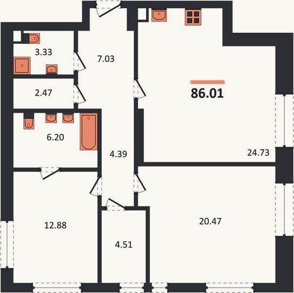 Планировка: 2-к, 86 м²