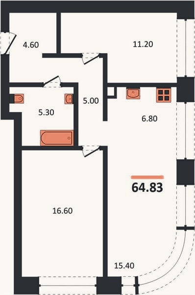 Планировка: 2-к, 64,8 м²