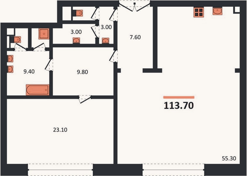 Планировка: 1-к, 113,7 м²