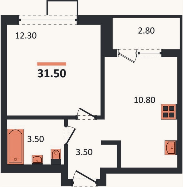 Планировка: 1-к, 31,5 м²