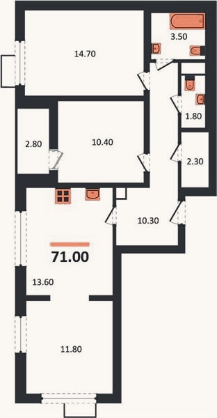 Планировка: 3-к, 71 м²