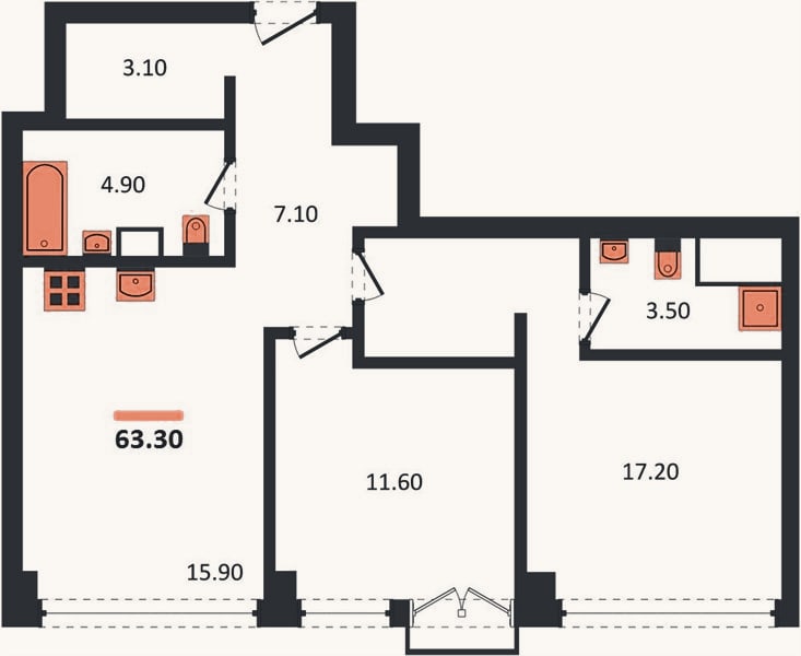 Планировка: 2-к, 63,3 м²