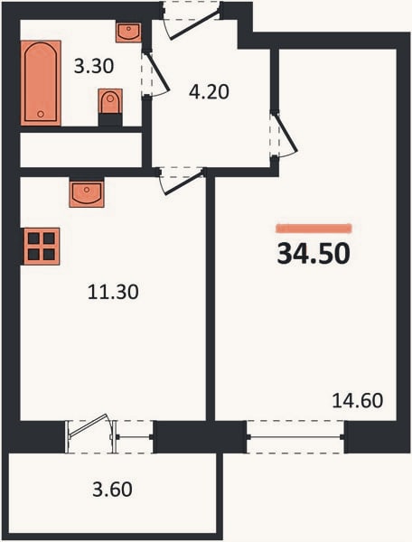 Планировка: 1-к, 35,7 м²