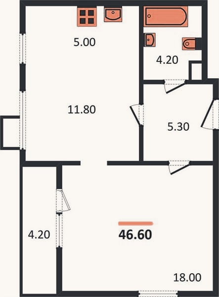 Планировка: 1-к, 46,6 м²