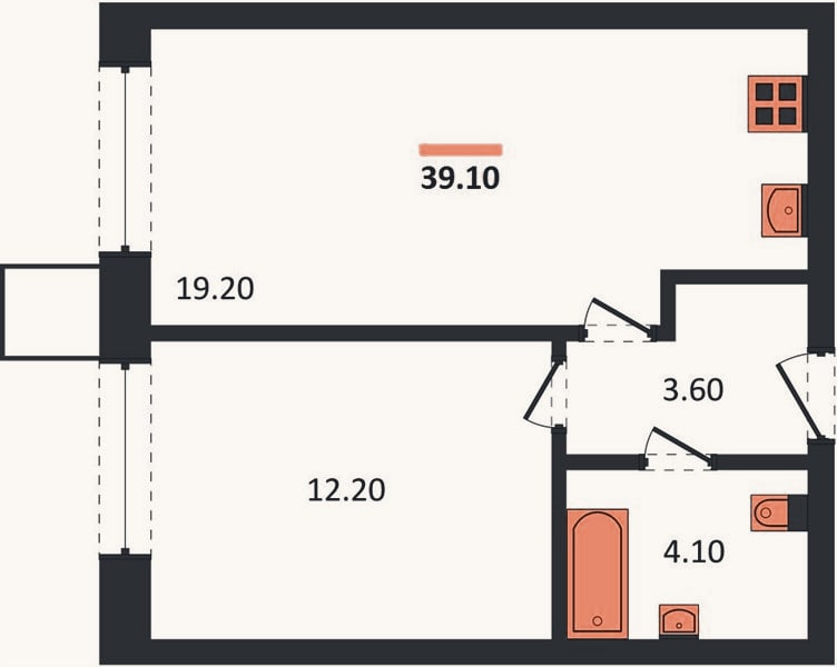 Планировка: 1-к, 39,1 м²