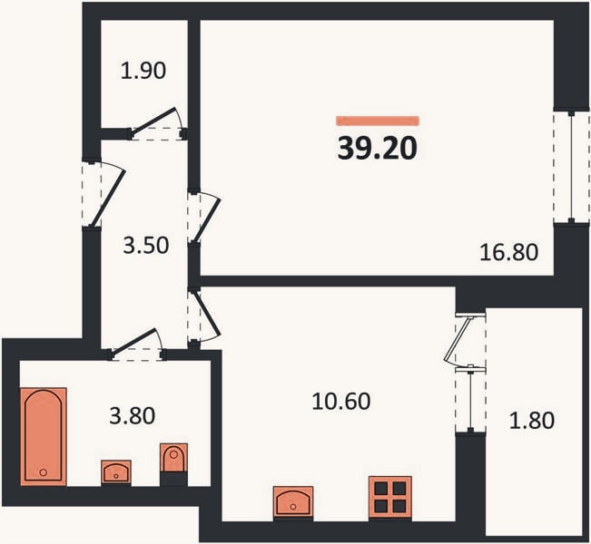 Планировка: 1-к, 39,2 м²