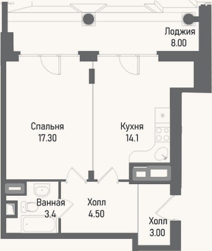 Планировка: 1-к, 45,6 м²