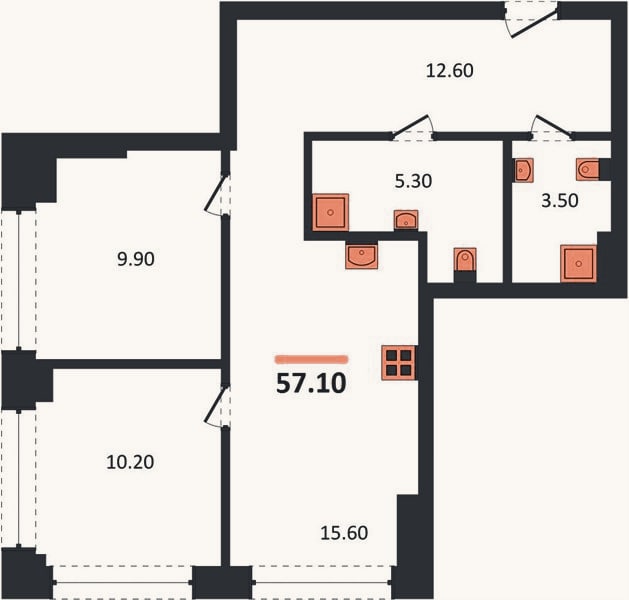 Планировка: 2-к, 57,1 м²