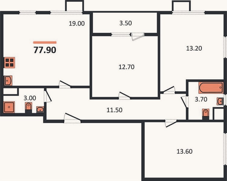 Планировка: 3-к, 77,9 м²