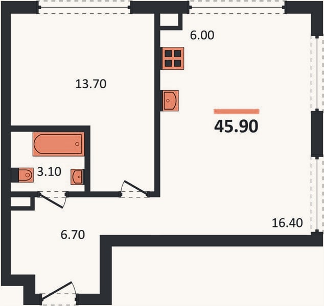Планировка: 1-к, 45,9 м²