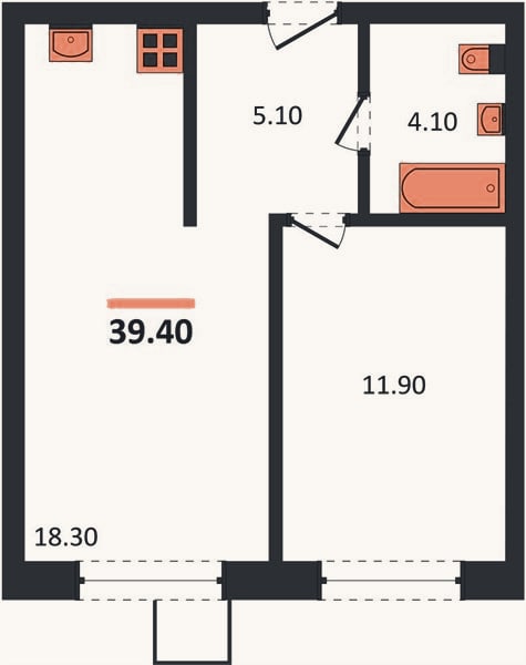Планировка: 1-к, 39,4 м²