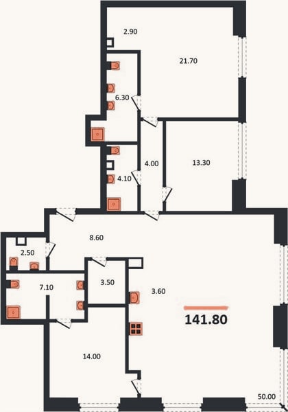 Планировка: 3-к, 141,8 м²