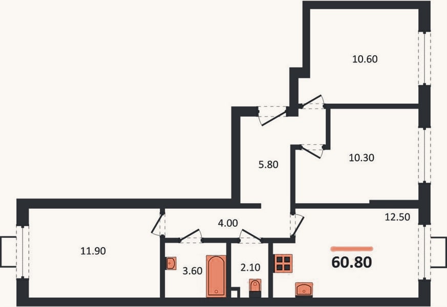 Планировка: 3-к, 60,8 м²