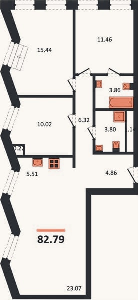Планировка: 3-к, 82,8 м²