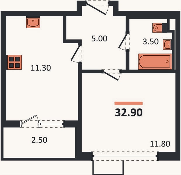 Планировка: 1-к, 32,8 м²