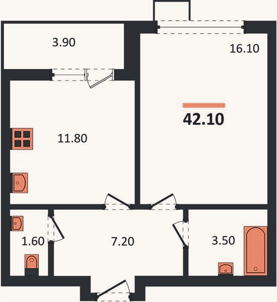 Планировка: 1-к, 42,1 м²