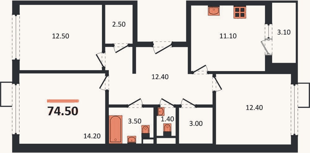 Планировка: 3-к, 74,5 м²