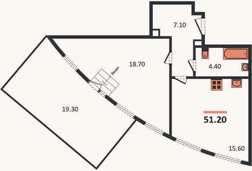 Планировка: 1-к, 51,2 м²