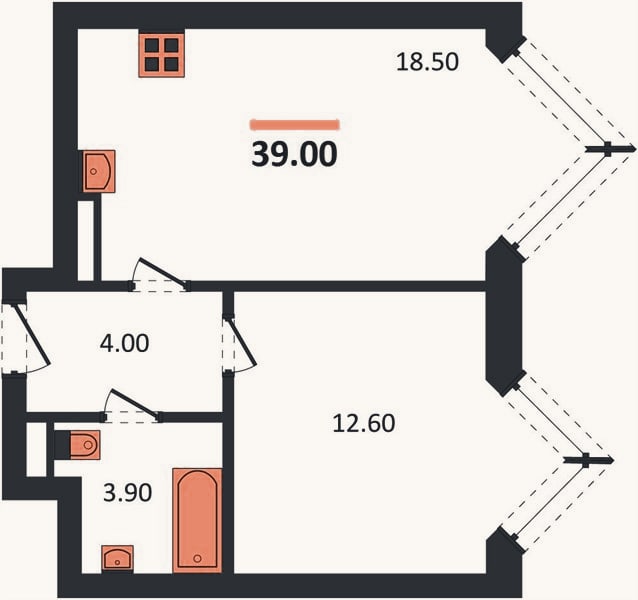 Планировка: 1-к, 39 м²