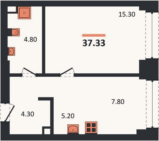 Планировка: 1-к, 37,3 м²