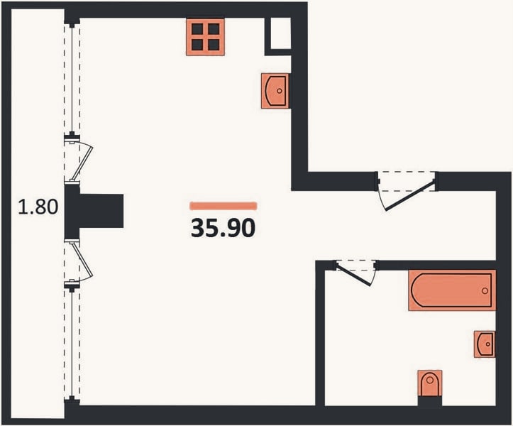 Планировка: Студия, 35,9 м²
