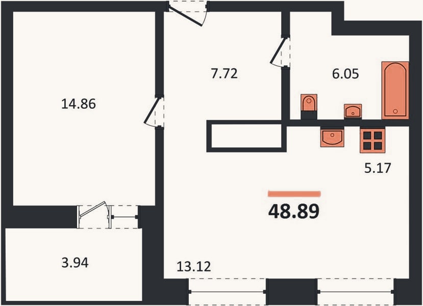 Планировка: 1-к, 48,9 м²