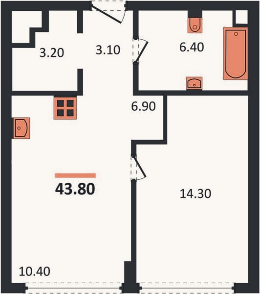 Планировка: 1-к, 43,8 м²