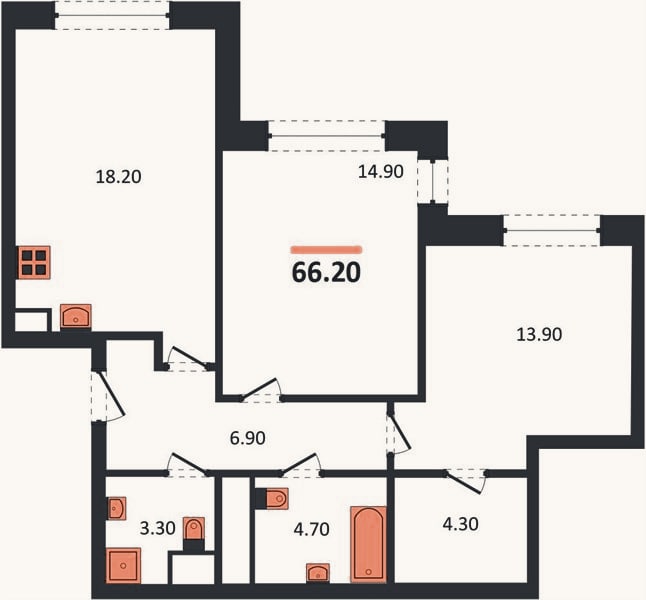 Планировка: 2-к, 66,2 м²