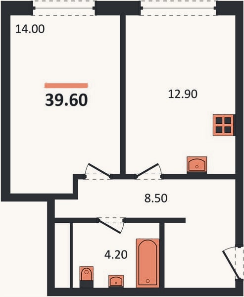 Планировка: 1-к, 40,4 м²