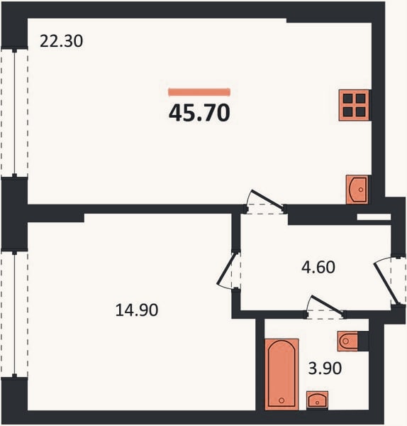 Планировка: 1-к, 45,7 м²
